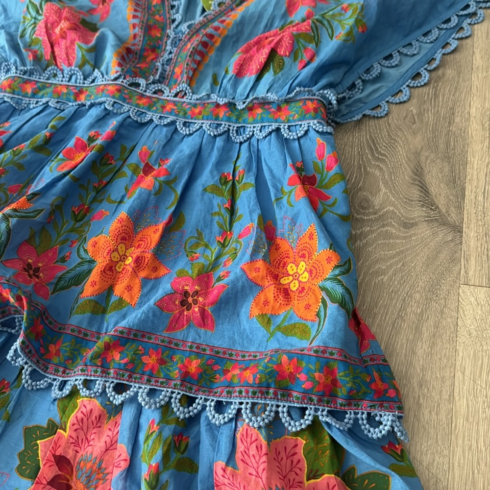 Farm Rio Women’s Blue Tropical Midi Layered Tiered Tapestry Dress Medium NWT - Picture 7 of 16